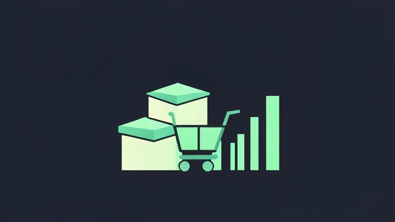Ilustración de cajas de producto, carrito y gráfico de ventas en verde sobre fondo oscuro