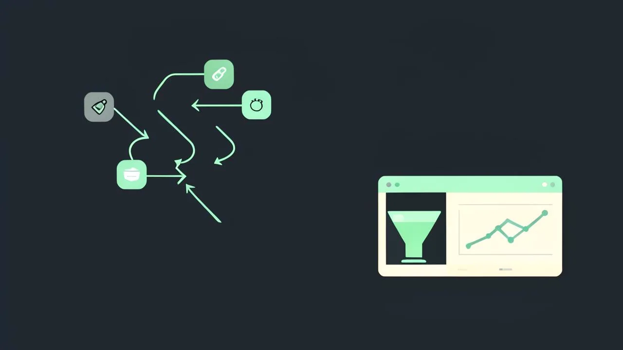 Ilustración de un panel de datos con gráficos y etiquetas conectadas en verde sobre fondo oscuro